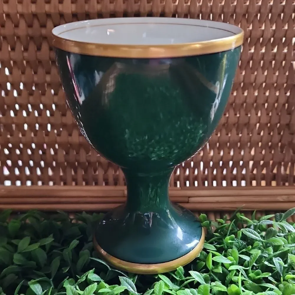 Vintage 1978 Fitz & Floyd Renaissance Dark Green & Gold Tone Trim Goblet Cup